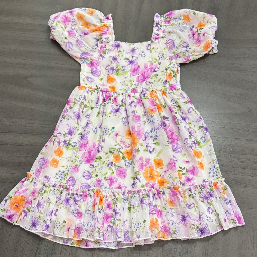 Girls Floral Puff-Sleeve Summer Dress - White with Pink & Orange Flowers